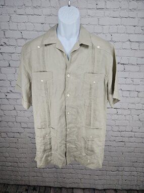 28 Palms Khaki 100% Linen Guayabera Short Sleeve Button Up Shirt Men's L
